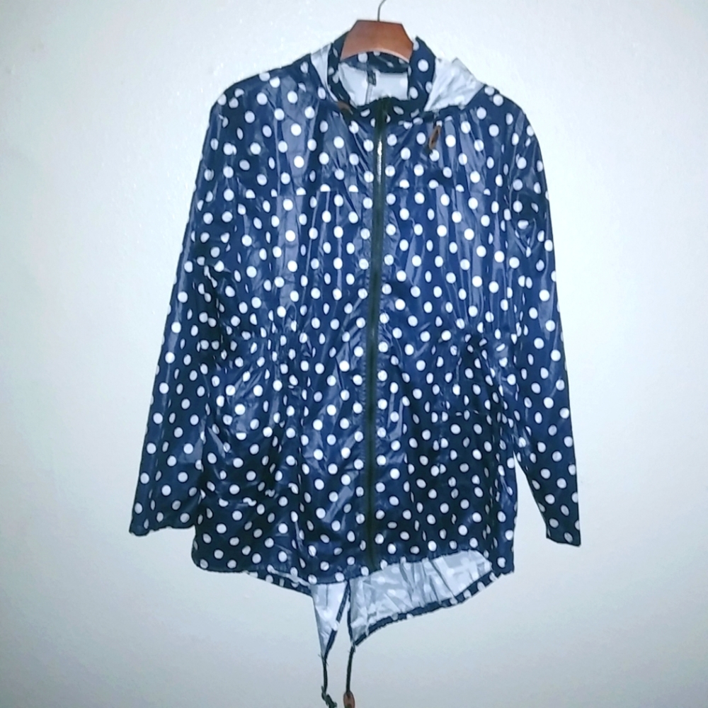 IN'VOLAND Rain Slicker Hoodie Zip Front Navy Polka Dot Pattern